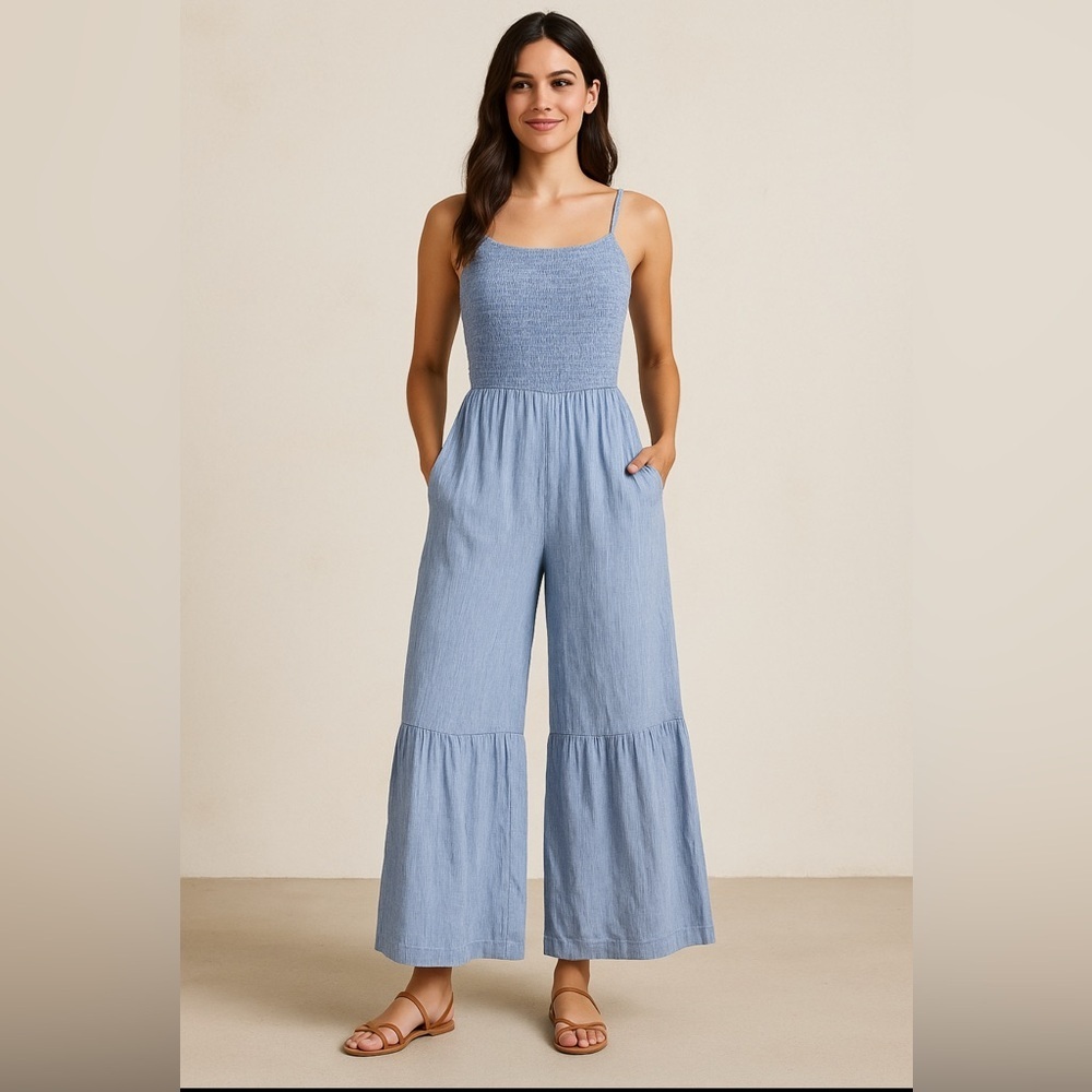 Japna Blue and White Striped Wide Leg Jumpsuit.          Size-Medium